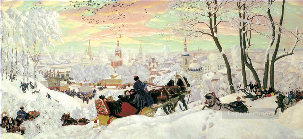 arriving for shrovetide 1916 Boris Mikhailovich Kustodiev kids child impressionism Oil Paintings